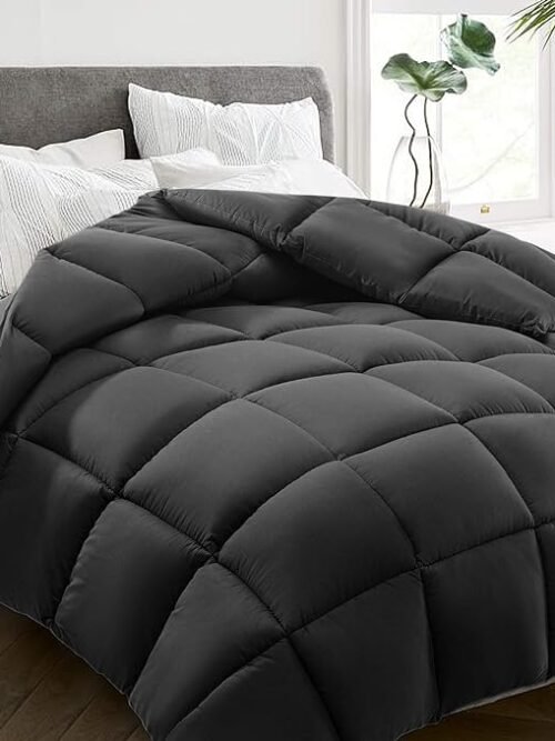 All Season Queen Size Bed Comforter - Cooling Down Alternative Quilted Duvet Insert with Corner Tabs - Winter Warm - Machine Washable - Dark Grey