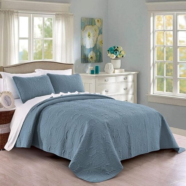 Quilt Set King/Cal King/California King Size Ash Blue - Oversized Bedspread - Soft